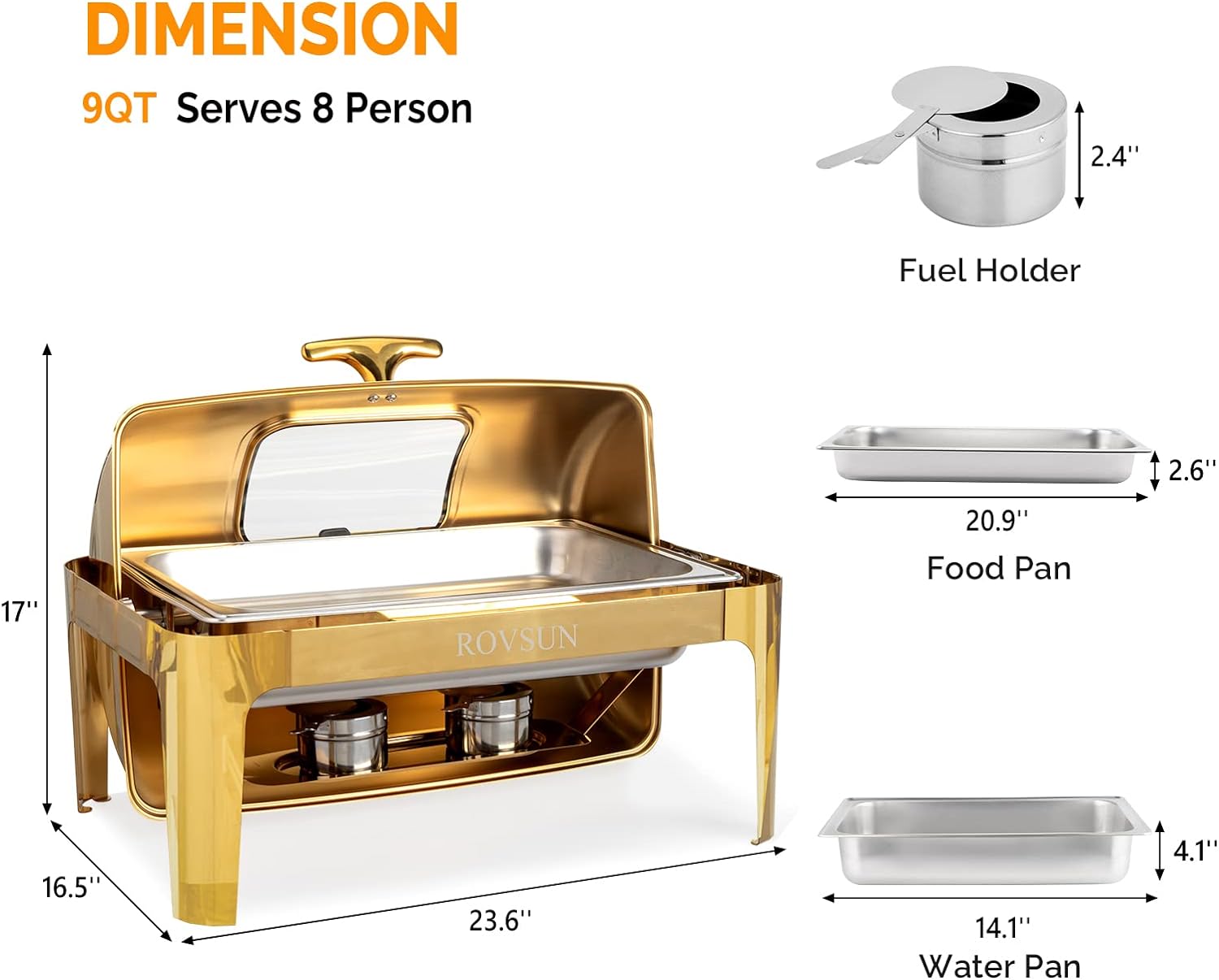9QT 3 Pack Roll Top Chafing Dish Buffet Set, Rectangular NSF Stainless Steel Buffet Warmer Chafers with Thick Frame for Catering Events Parties Weddings Dinners, Gold