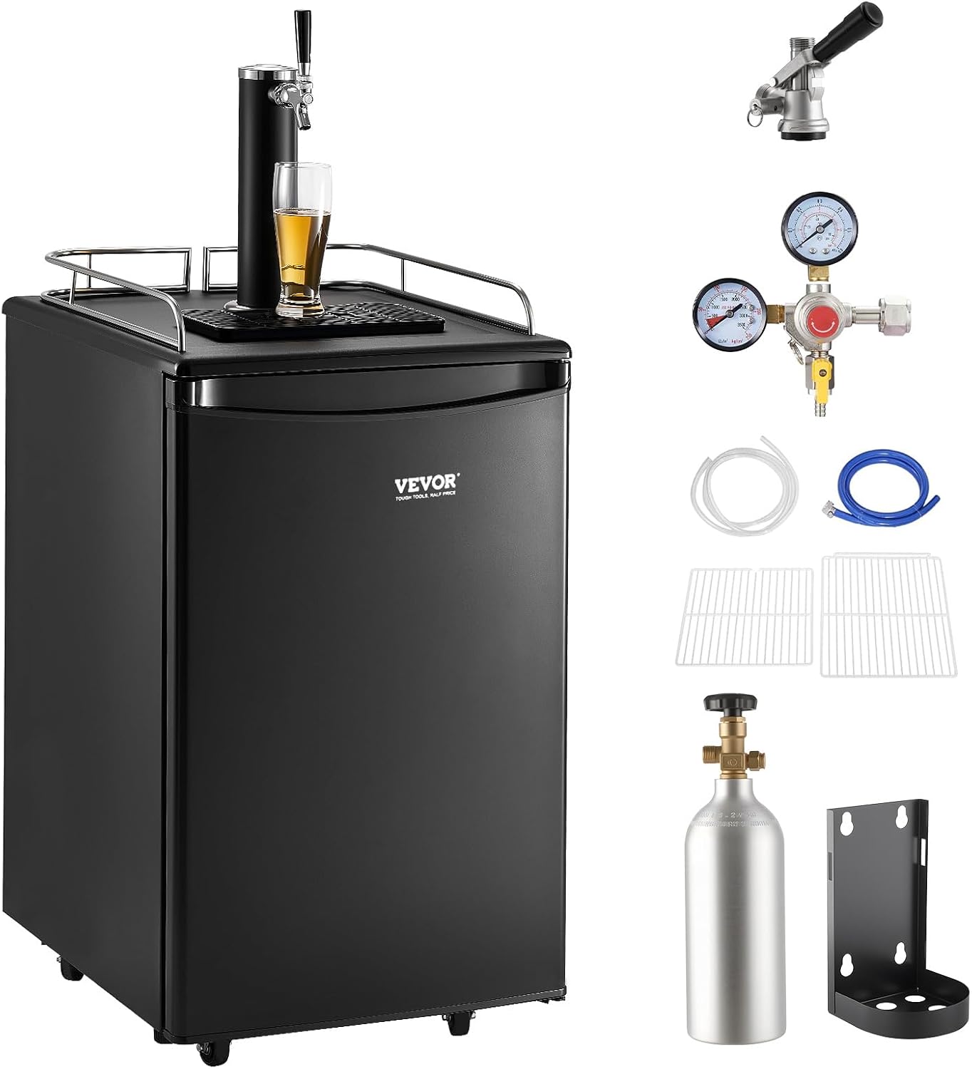 Beer Kegerator, Single Tap Commercial Draft Beer Dispenser for D system, Full Size Keg Refrigerator with 5lbs CO2 Tank, Hold 2 Sixth / 2 Ball lock keg, Black