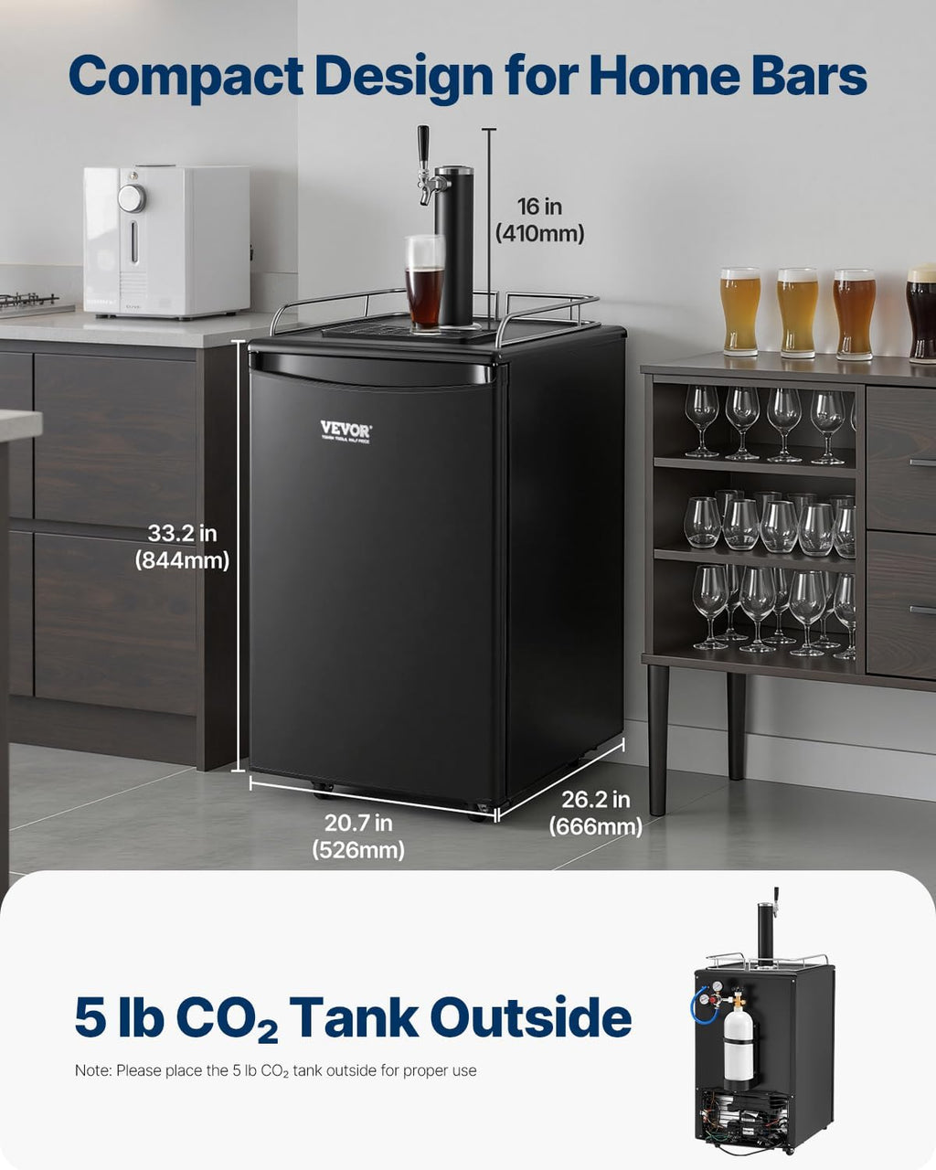 Beer Kegerator, Single Tap Commercial Draft Beer Dispenser for D system, Full Size Keg Refrigerator with 5lbs CO2 Tank, Hold 2 Sixth / 2 Ball lock keg, Black