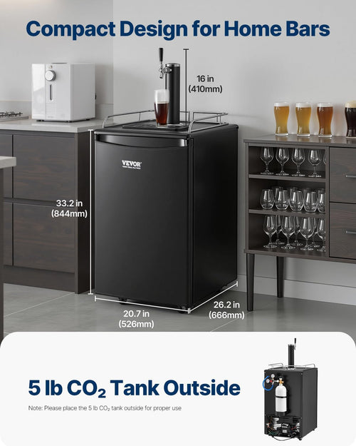 Beer Kegerator, Single Tap Commercial Draft Beer Dispenser for D system, Full Size Keg Refrigerator with 5lbs CO2 Tank, Hold 2 Sixth / 2 Ball lock keg, Black