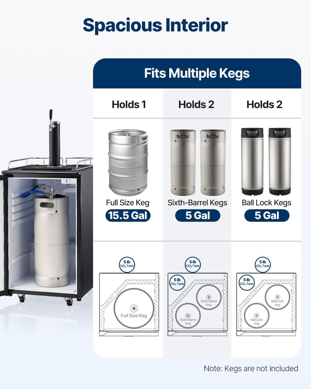 Beer Kegerator, Single Tap Commercial Draft Beer Dispenser for D system, Full Size Keg Refrigerator with 5lbs CO2 Tank, Hold 2 Sixth / 2 Ball lock keg, Black