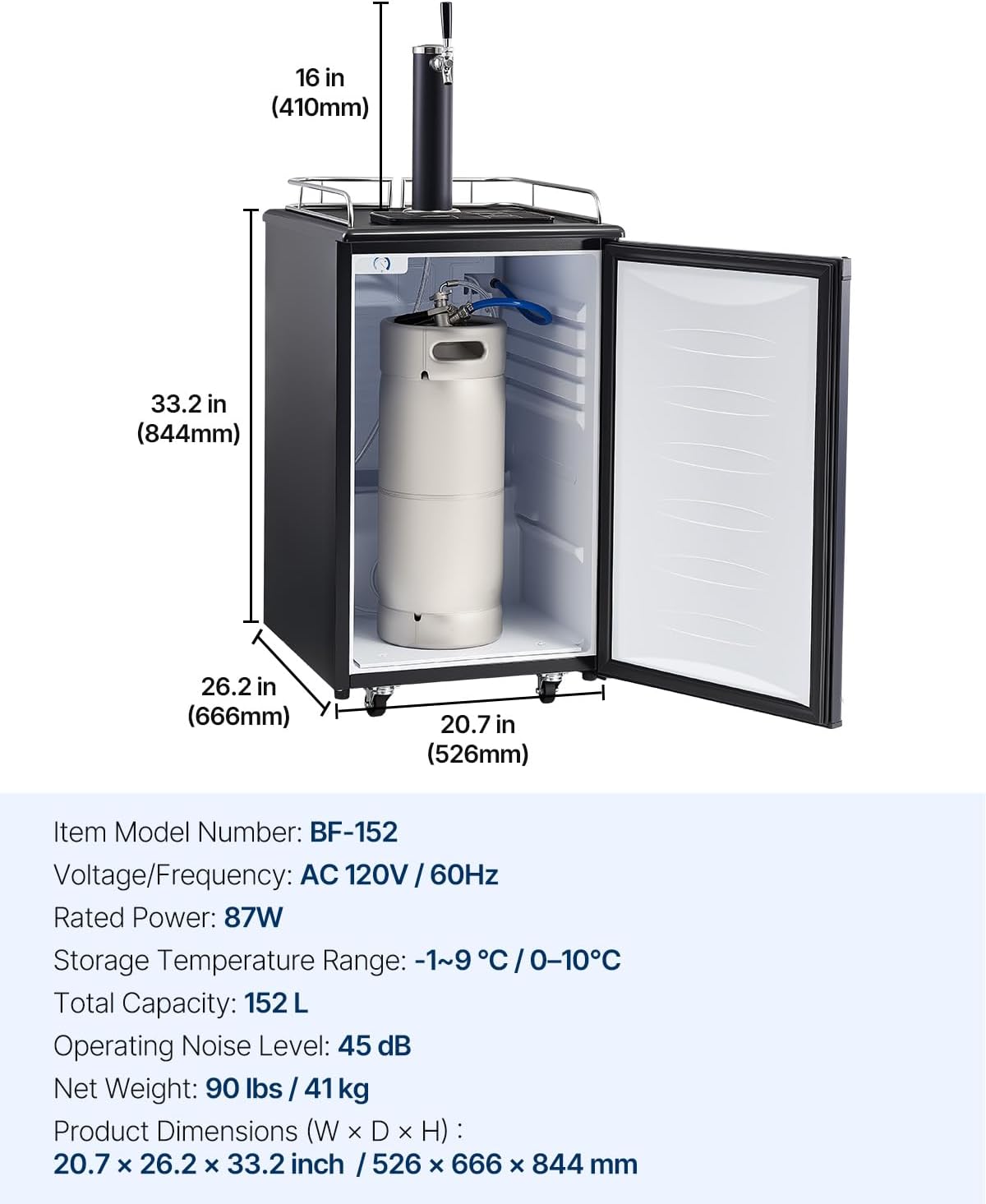 Beer Kegerator, Single Tap Commercial Draft Beer Dispenser for D system, Full Size Keg Refrigerator with 5lbs CO2 Tank, Hold 2 Sixth / 2 Ball lock keg, Black