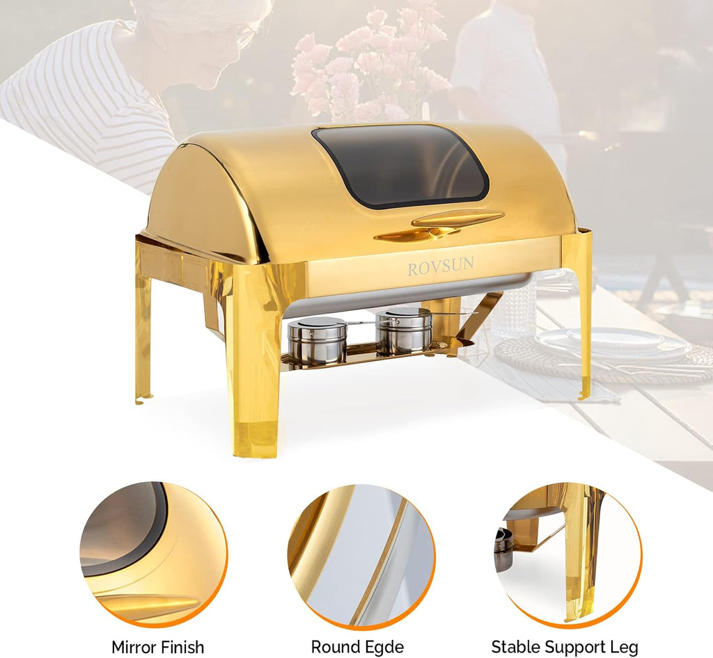 9QT 3 Pack Roll Top Chafing Dish Buffet Set, Rectangular NSF Stainless Steel Buffet Warmer Chafers with Thick Frame for Catering Events Parties Weddings Dinners, Gold
