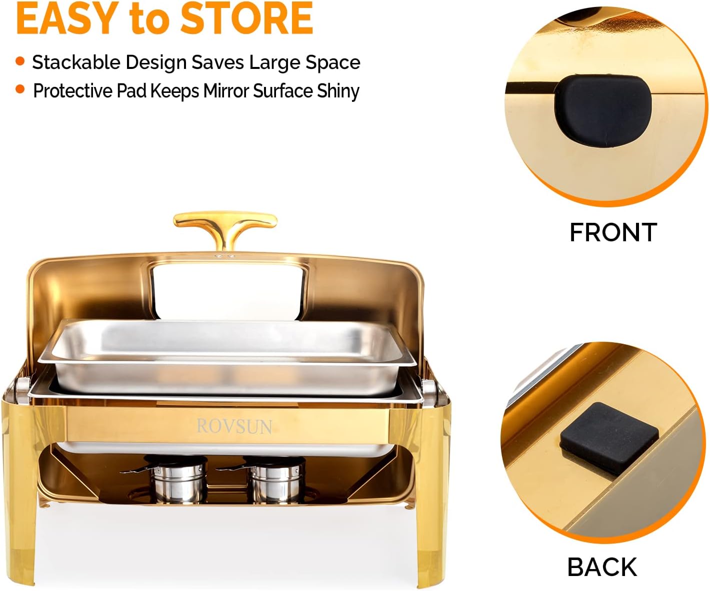 9QT 3 Pack Roll Top Chafing Dish Buffet Set, Rectangular NSF Stainless Steel Buffet Warmer Chafers with Thick Frame for Catering Events Parties Weddings Dinners, Gold