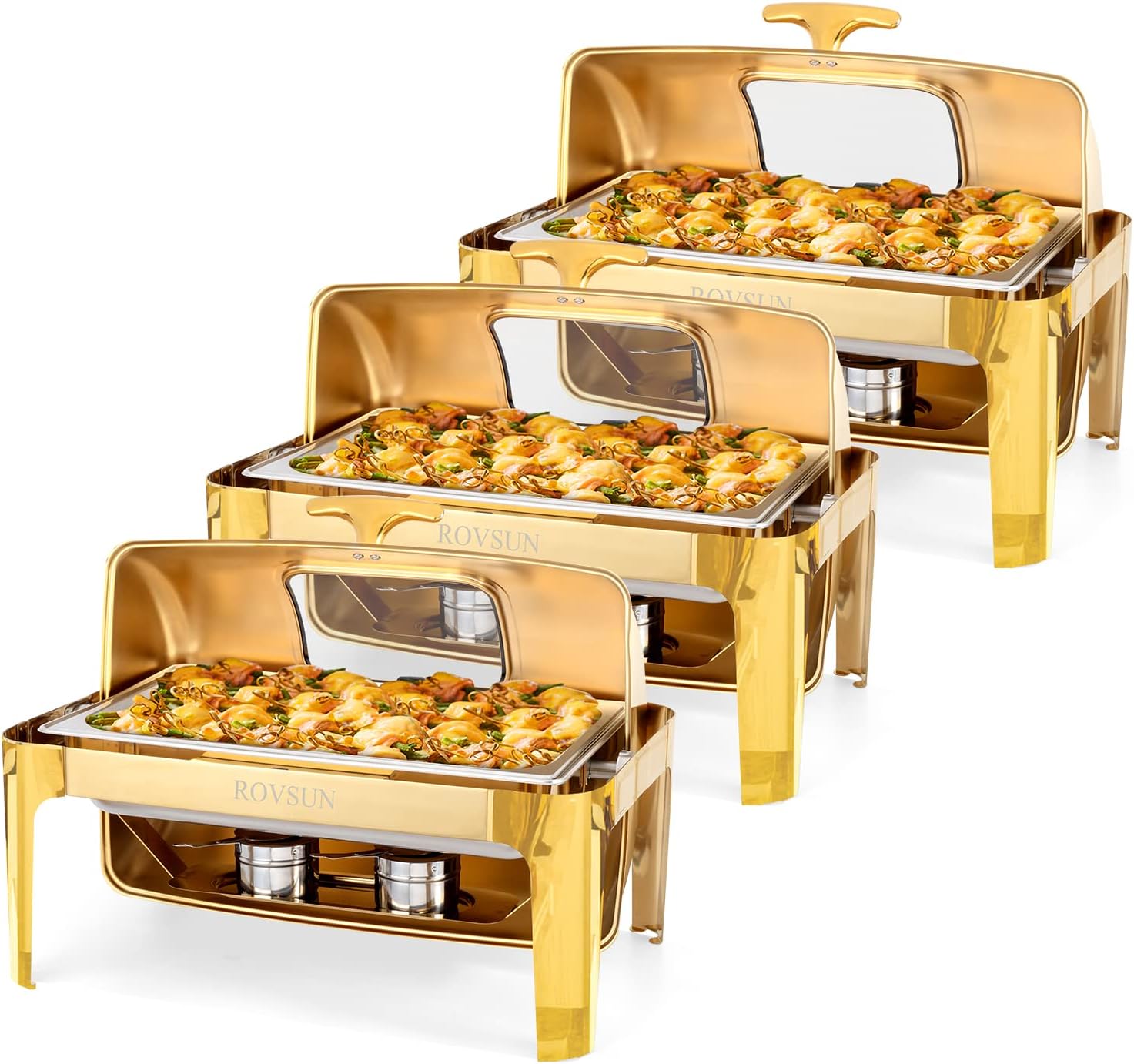 9QT 3 Pack Roll Top Chafing Dish Buffet Set, Rectangular NSF Stainless Steel Buffet Warmer Chafers with Thick Frame for Catering Events Parties Weddings Dinners, Gold