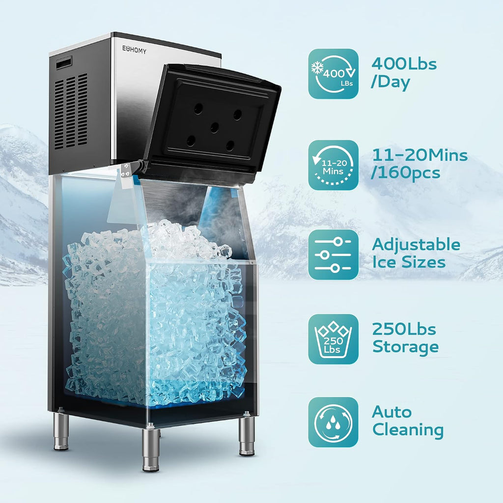 Commercial Ice Maker Machine 400Lbs/24H,ETL Approval, Industrial Ice Machine, 250Lbs Storage, Ice Ready in 11-20min, Stainless Steel Ice Maker for Bar/Cafe/Restaurant/Business