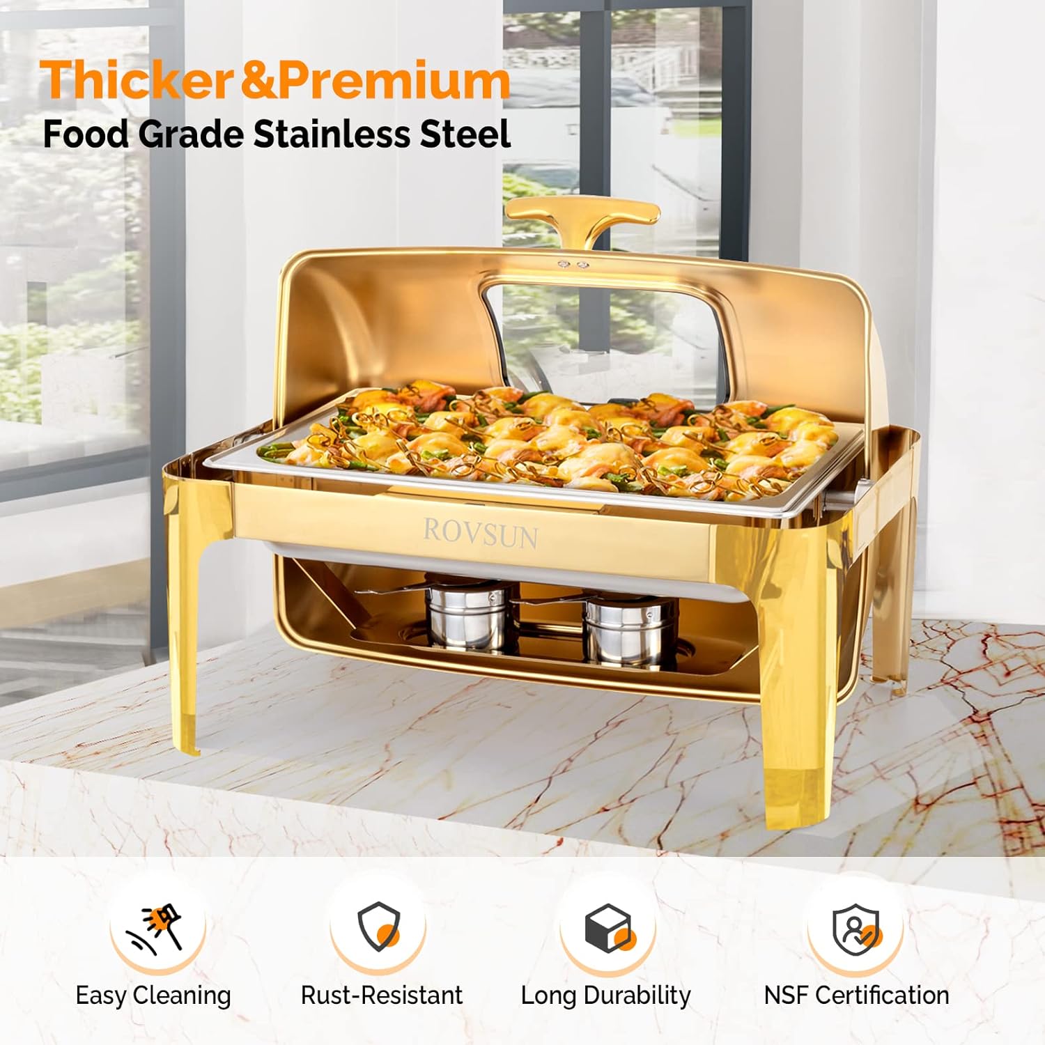 9QT 3 Pack Roll Top Chafing Dish Buffet Set, Rectangular NSF Stainless Steel Buffet Warmer Chafers with Thick Frame for Catering Events Parties Weddings Dinners, Gold