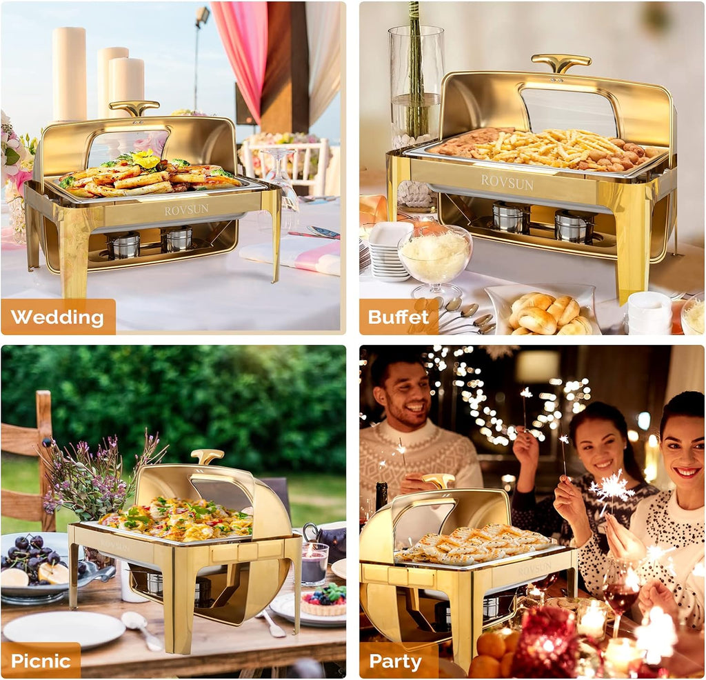 9QT 3 Pack Roll Top Chafing Dish Buffet Set, Rectangular NSF Stainless Steel Buffet Warmer Chafers with Thick Frame for Catering Events Parties Weddings Dinners, Gold