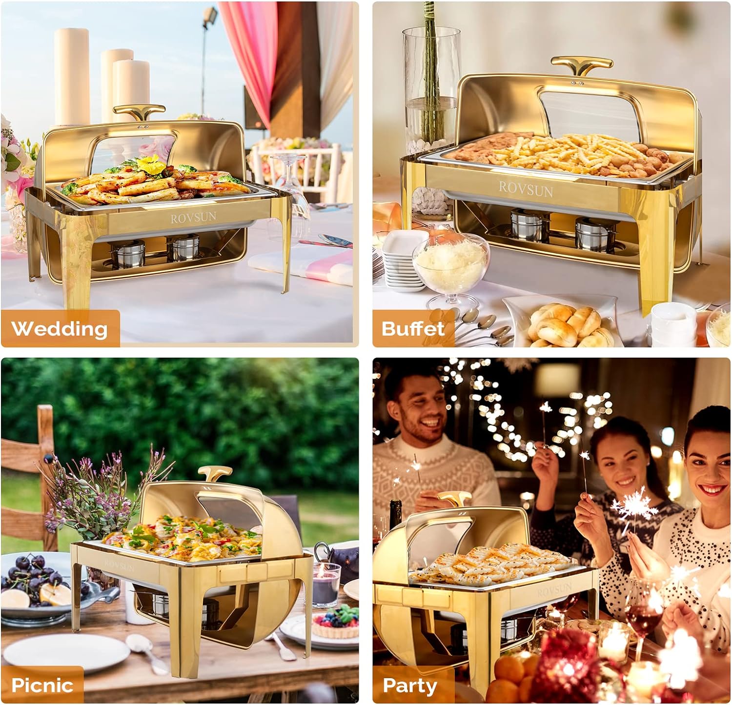 9QT 3 Pack Roll Top Chafing Dish Buffet Set, Rectangular NSF Stainless Steel Buffet Warmer Chafers with Thick Frame for Catering Events Parties Weddings Dinners, Gold