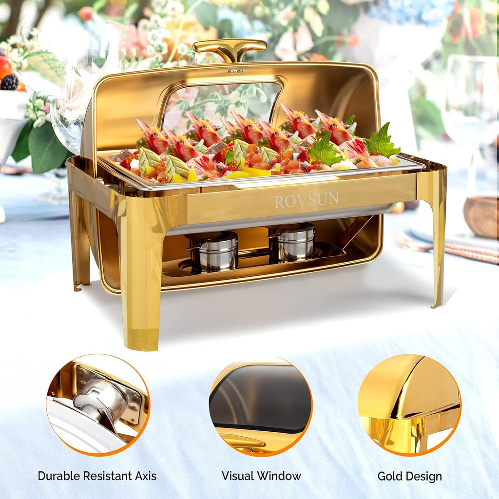 9QT 3 Pack Roll Top Chafing Dish Buffet Set, Rectangular NSF Stainless Steel Buffet Warmer Chafers with Thick Frame for Catering Events Parties Weddings Dinners, Gold
