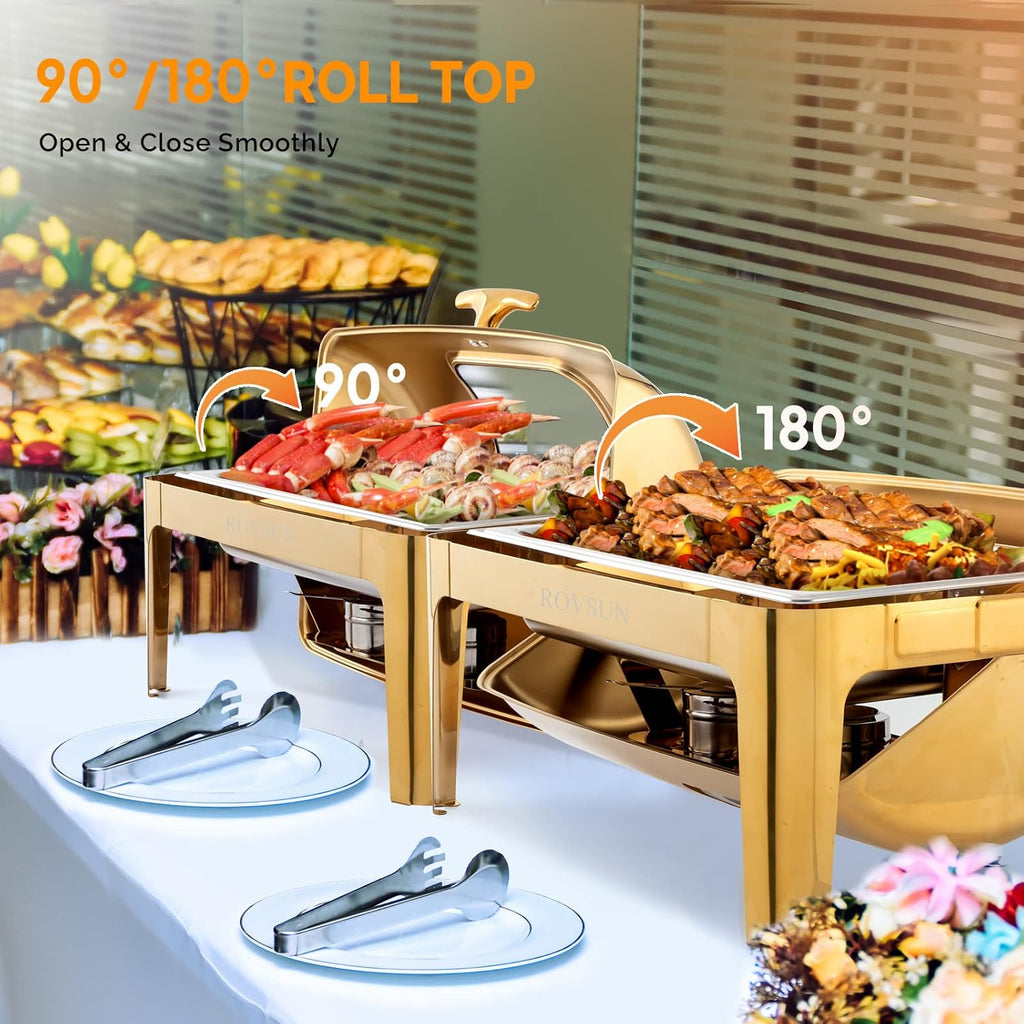 9QT 3 Pack Roll Top Chafing Dish Buffet Set, Rectangular NSF Stainless Steel Buffet Warmer Chafers with Thick Frame for Catering Events Parties Weddings Dinners, Gold